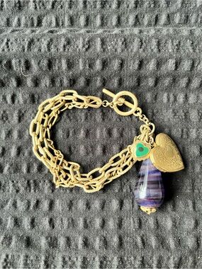 Vintage Gold Chain Bracelet with Purple Striped Agate Teardrop and Green Accent